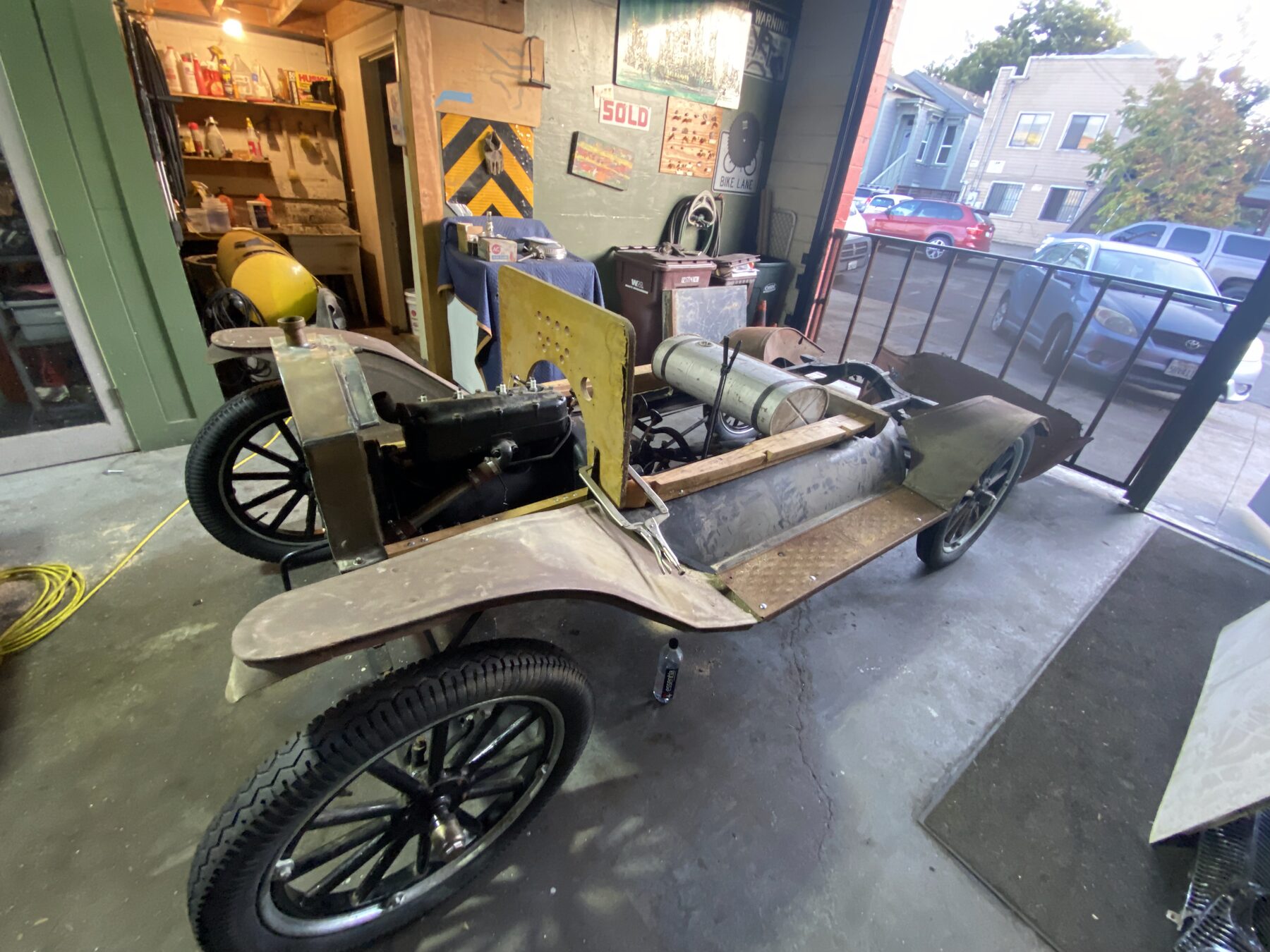 The General T as a bare chassis during its build in the shop