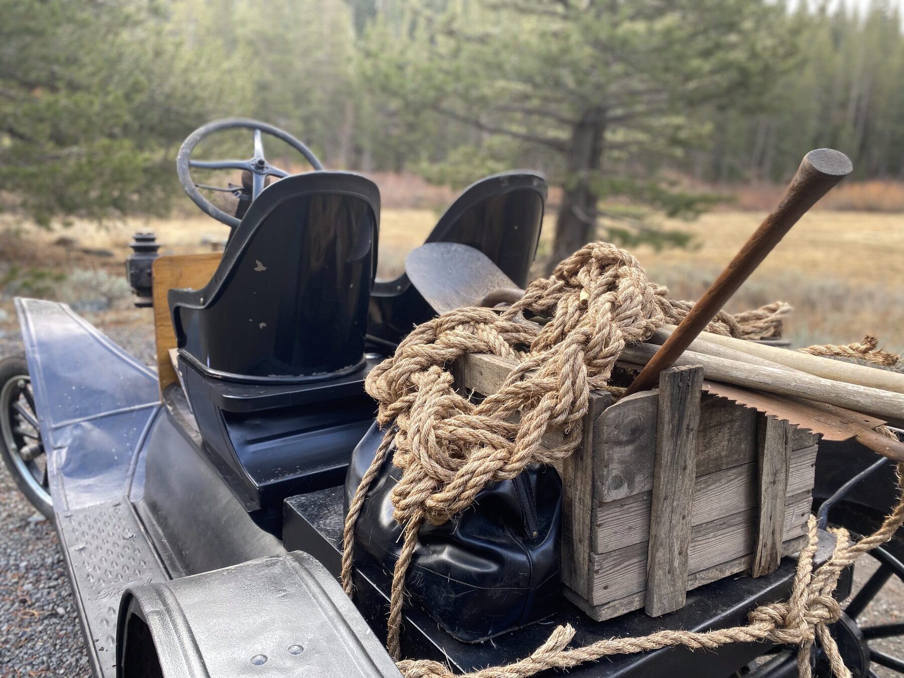 Bench seat and wood bed of The General T, a 1911 Ford Model T