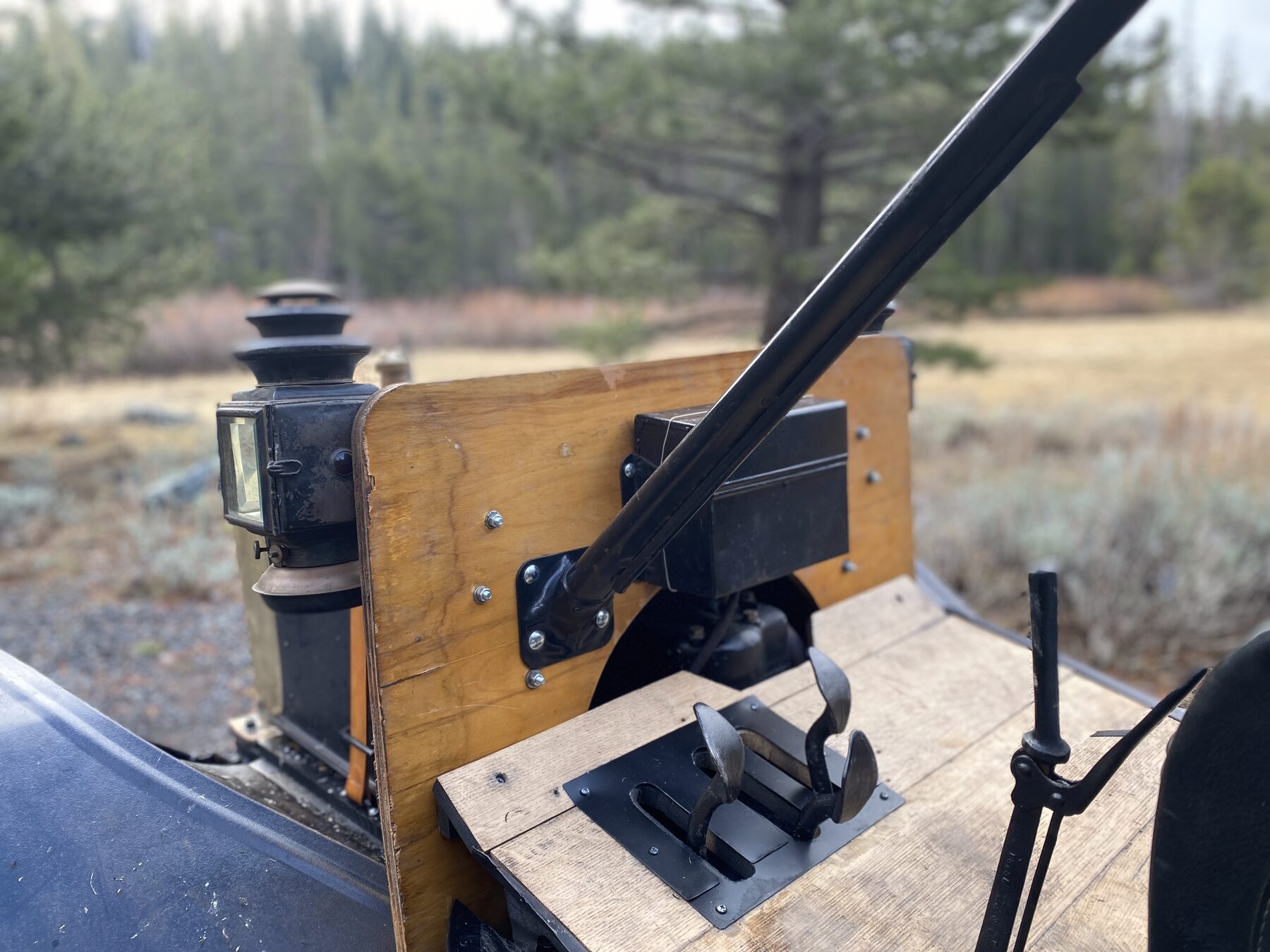 Brass and steel controls and pedals of The General T, a 1911 Ford Model T