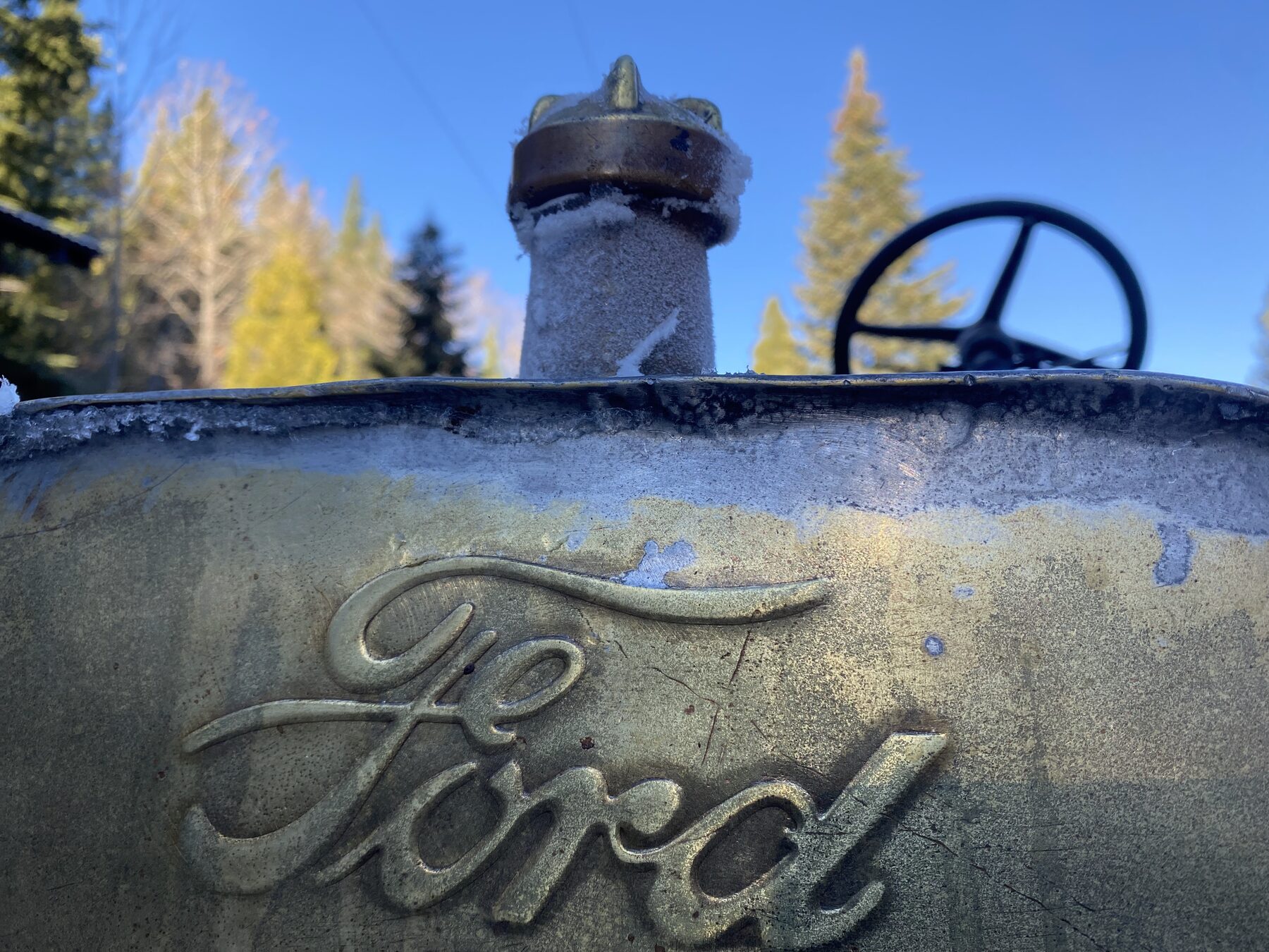The Ford script embossed on the brass radiator shell of The General T