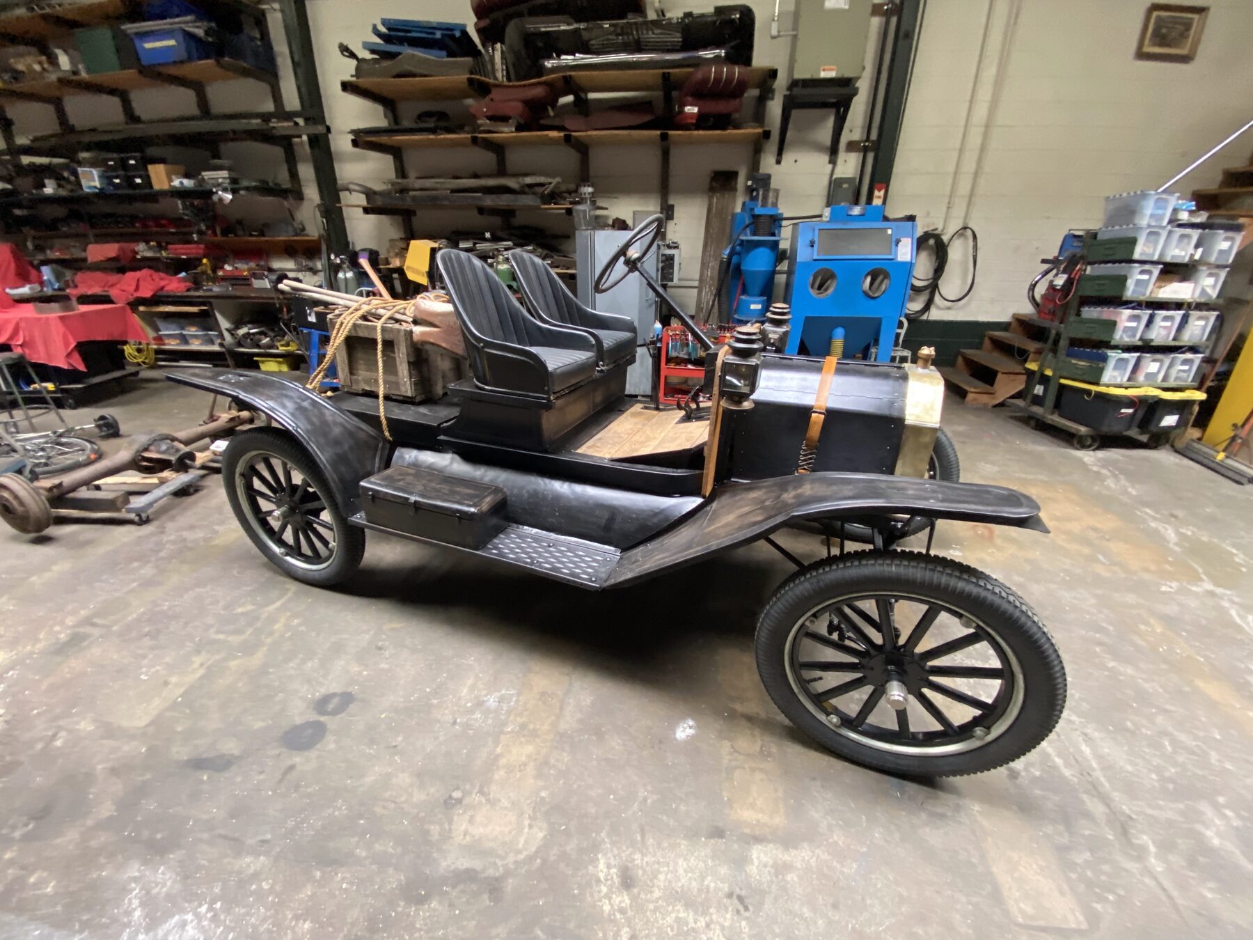The General T, a 1911 Ford Model T, under the lights in the build shop